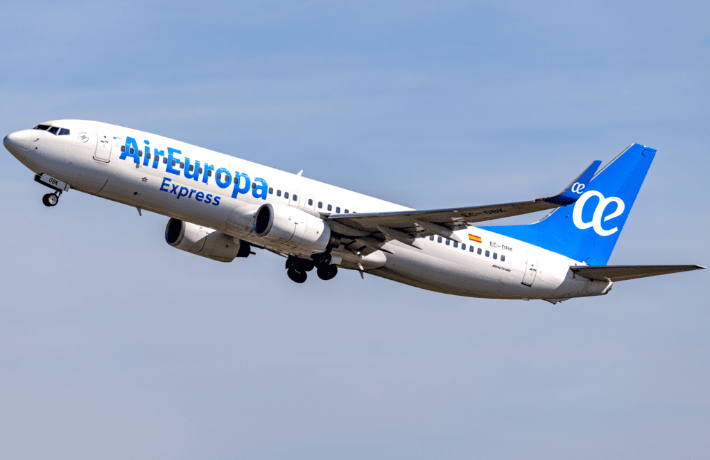 Air Europa Express plane in flight celebrating 30 years of service in Spain and Europe.