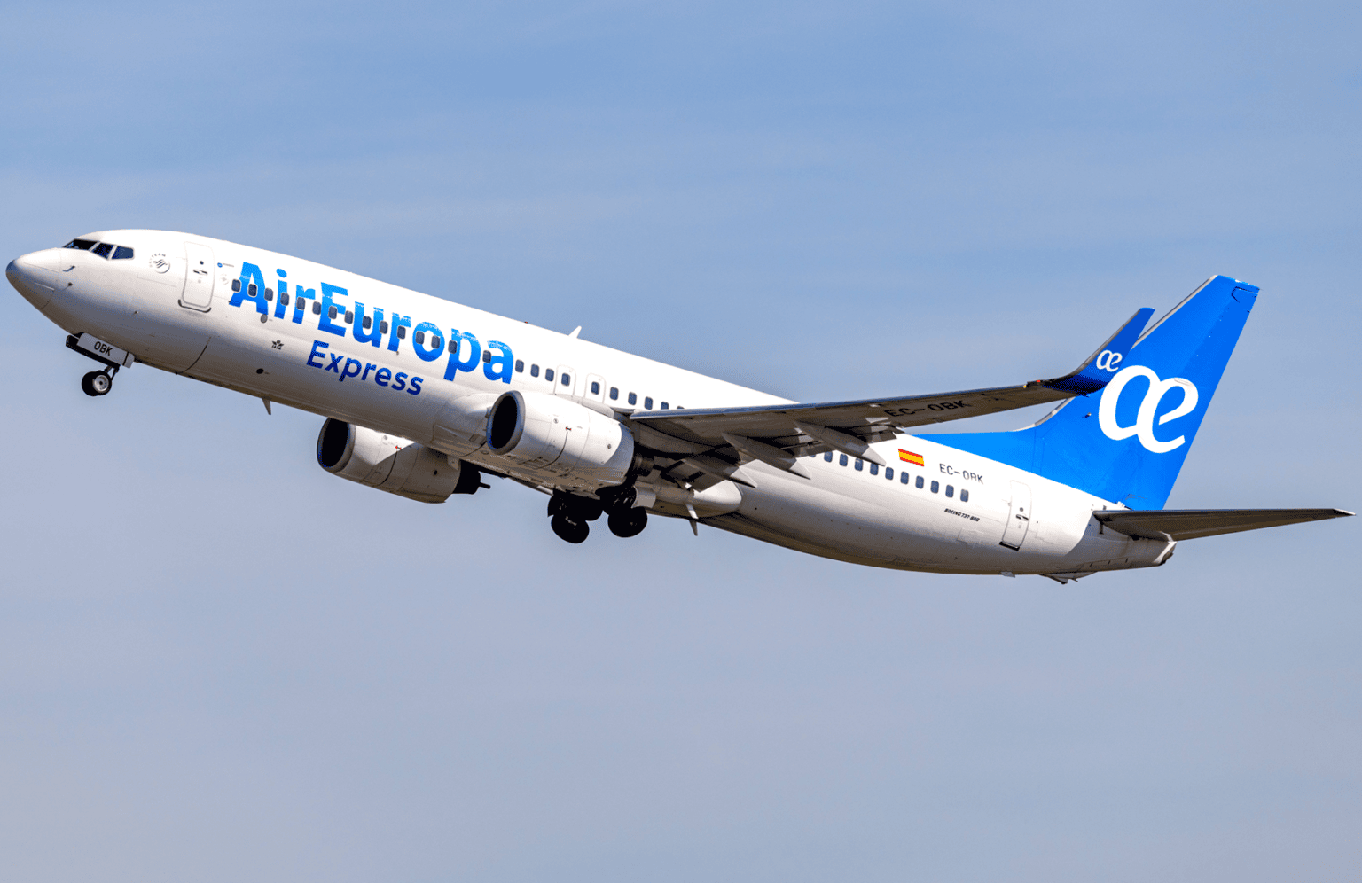 Air Europa Express plane in flight celebrating 30 years of service in Spain and Europe.