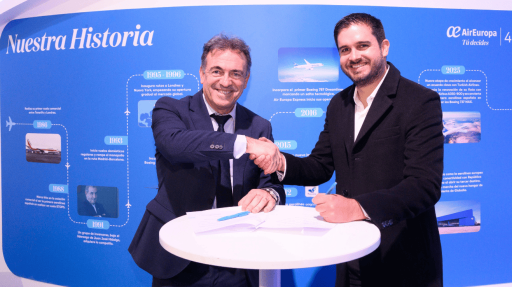 Two executives shaking hands at a corporate event for Globalia and Air Europa.